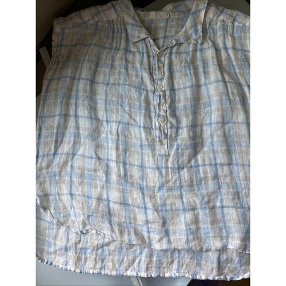 CP Shades Sleeveless Linen Button Blouse Top XS over sized plaid blue tan ivory - Picture 9 of 12